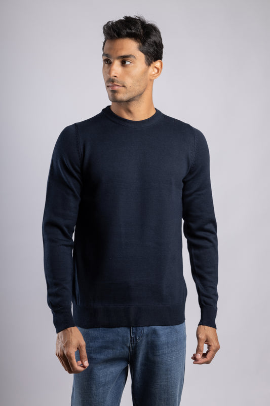 Navy Plain Round Neck Cotton Pullover