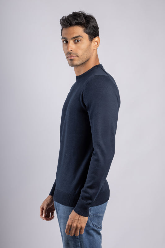 Navy Plain Round Neck Cotton Pullover