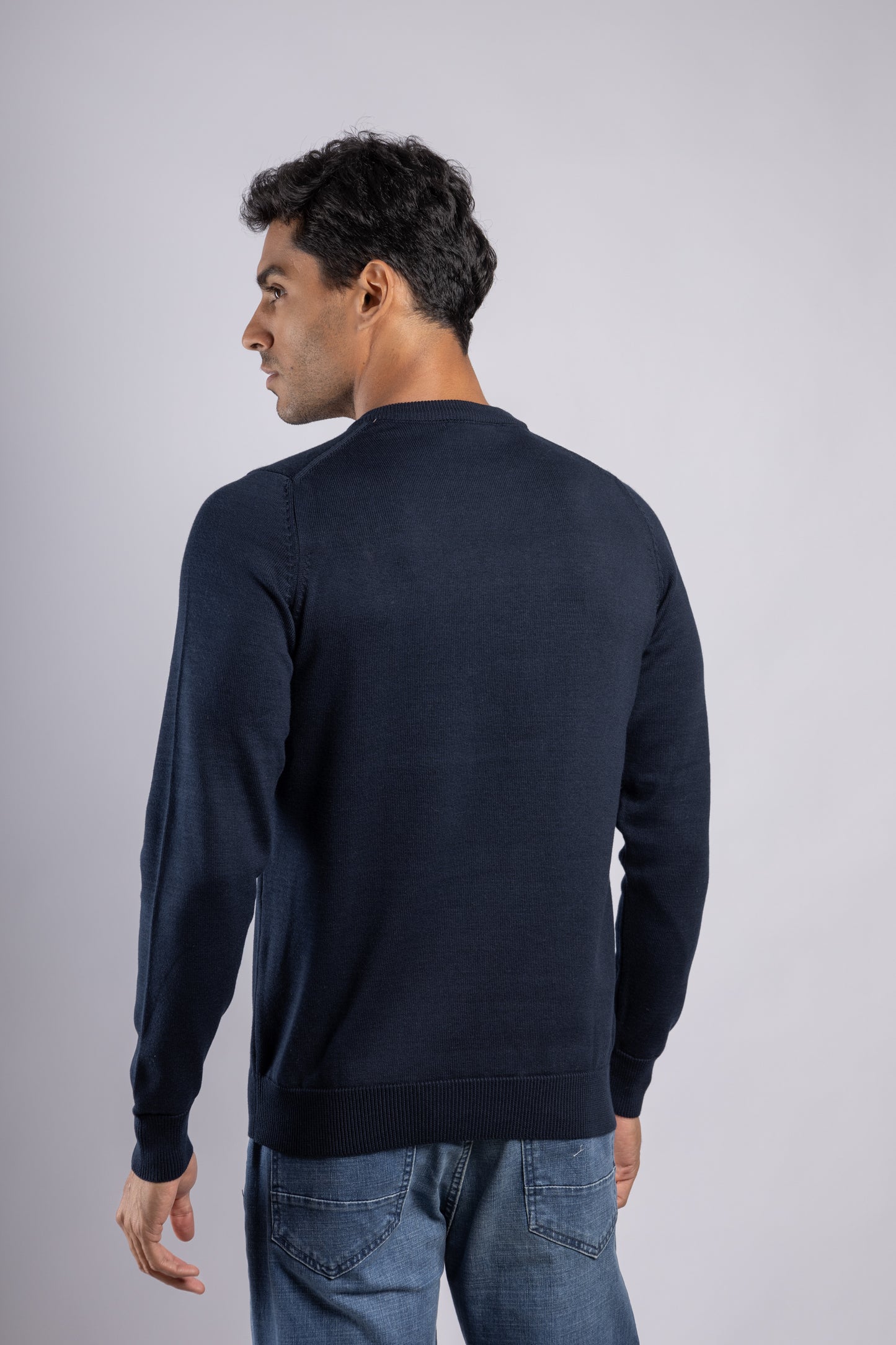 Navy Plain Round Neck Cotton Pullover