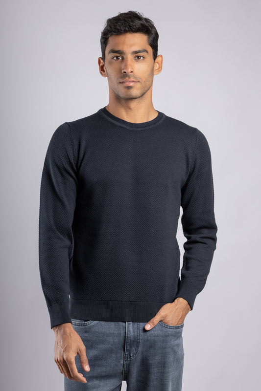 Navy Jacquard Crew Neck Cotton Pullover