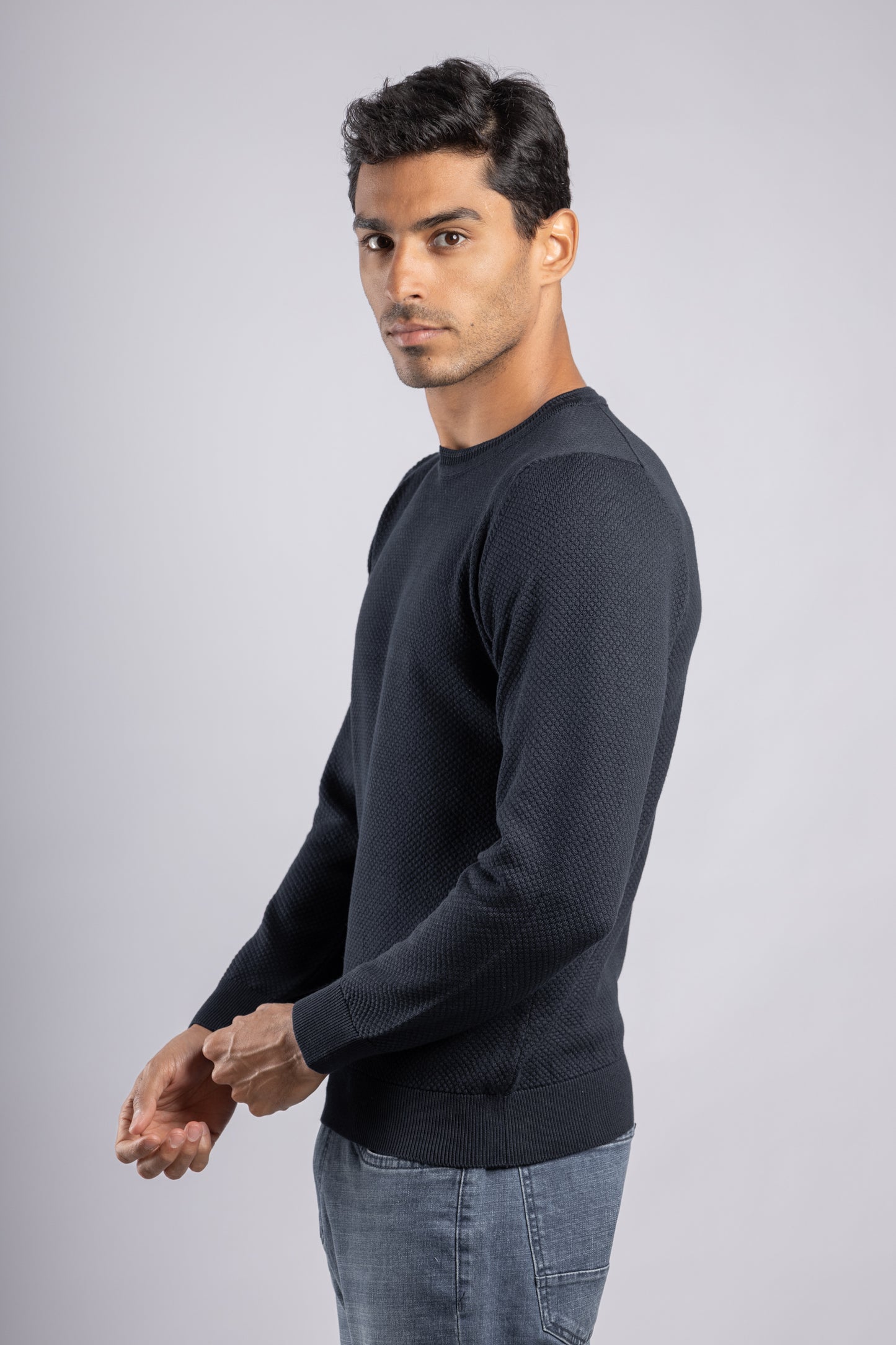 Navy Jacquard Crew Neck Cotton Pullover