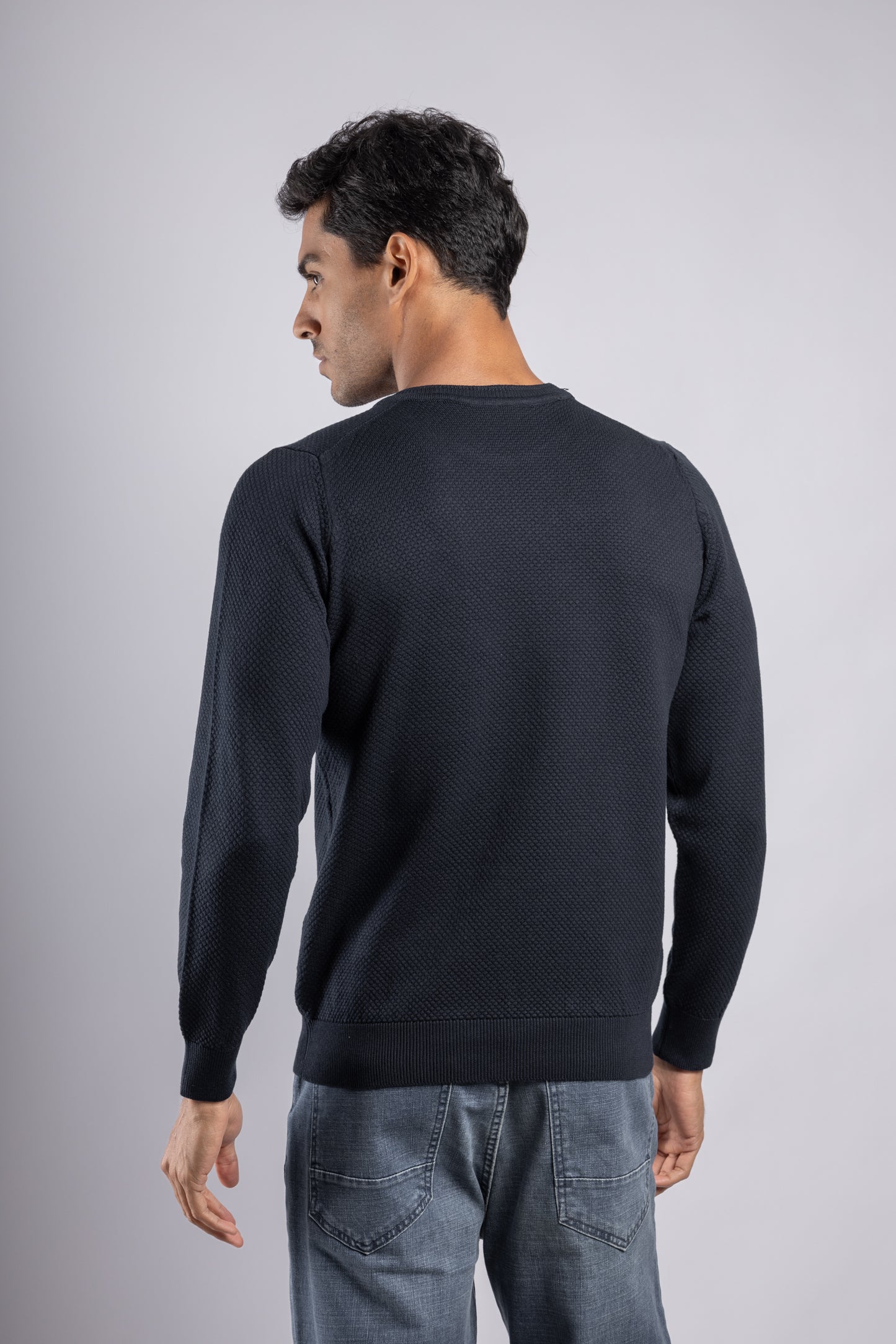 Navy Jacquard Crew Neck Cotton Pullover