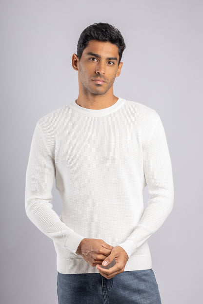 White Round Neck Basket knitted Pullover