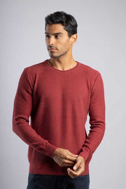 Burgundy Round Neck Cotton knitted Pullover