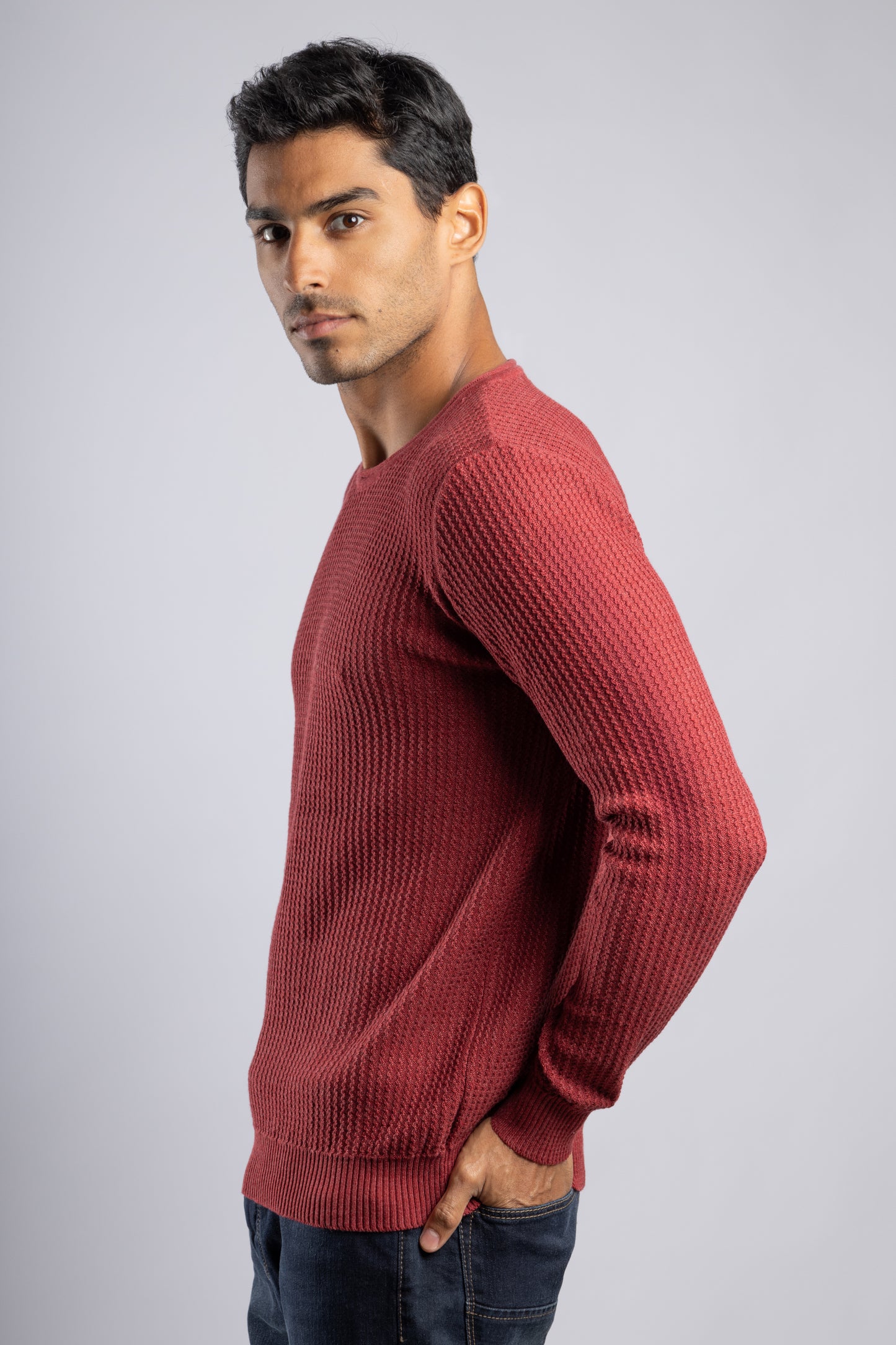 Burgundy Round Neck Cotton knitted Pullover