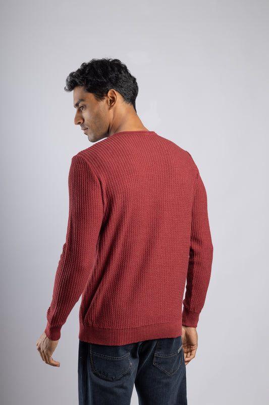 Burgundy Round Neck Cotton knitted Pullover