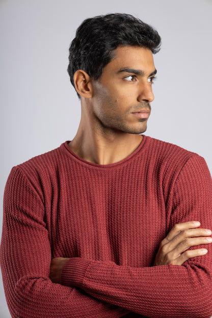 Burgundy Round Neck Cotton knitted Pullover