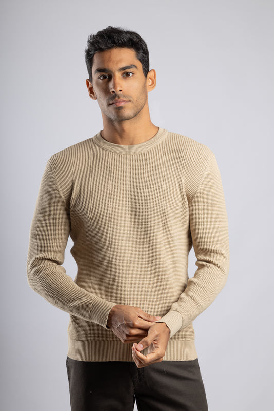 Beige Round Neck Basket knitted Pullover