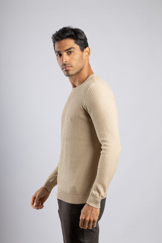 Beige Round Neck Cotton knitted Pullover