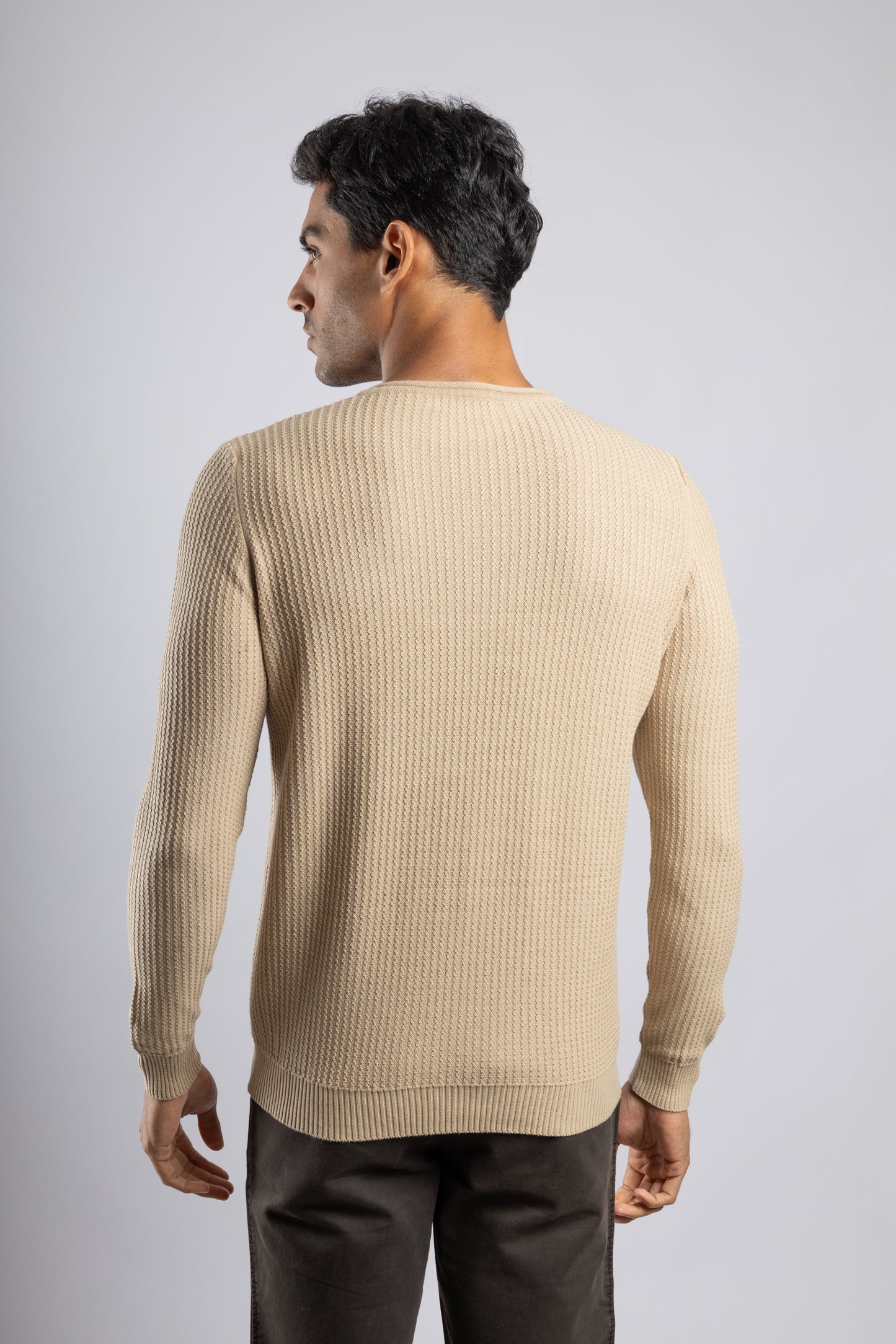 Beige Round Neck Cotton knitted Pullover