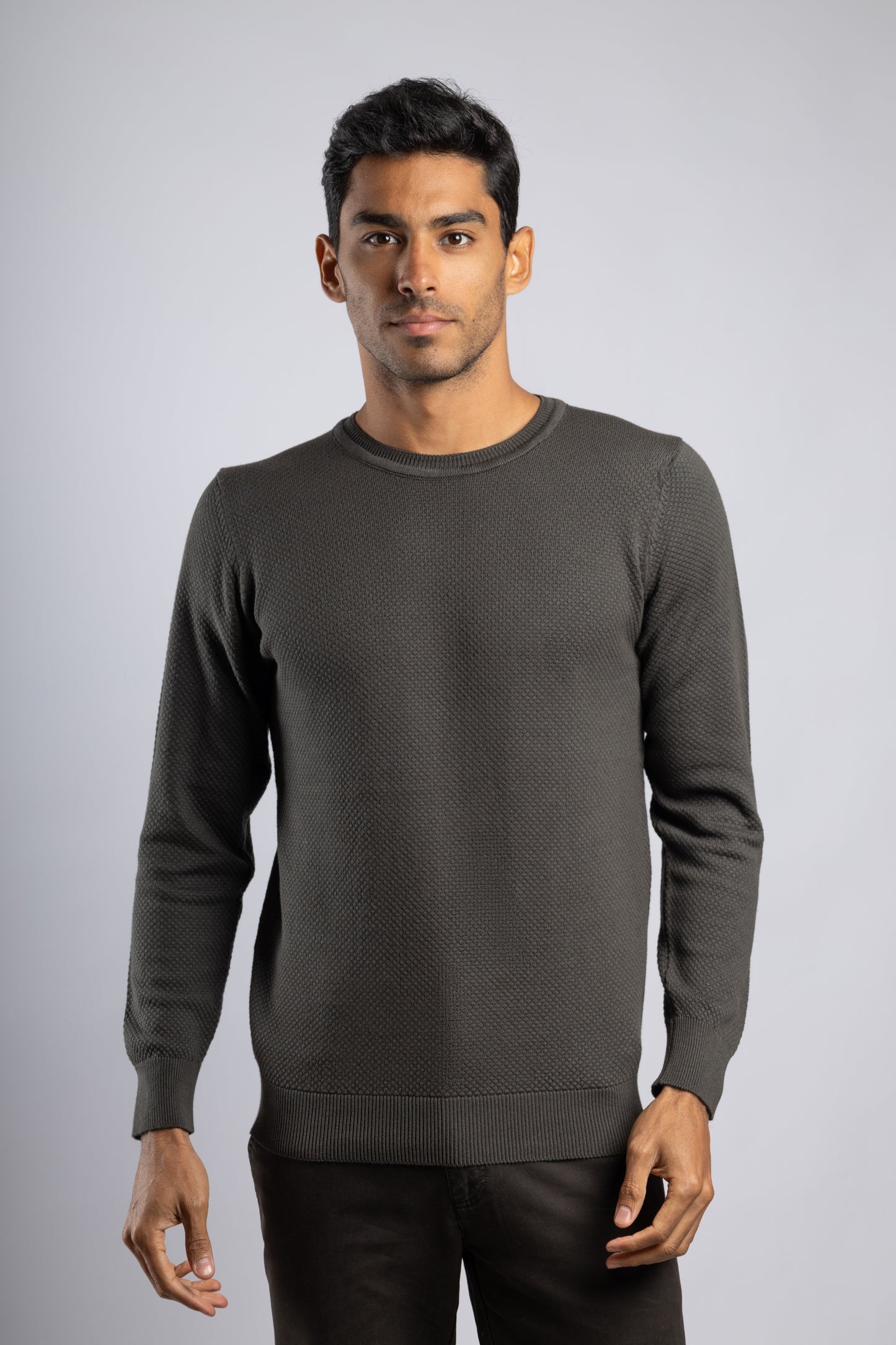 Olive Jacquard Crew Neck Cotton Pullover