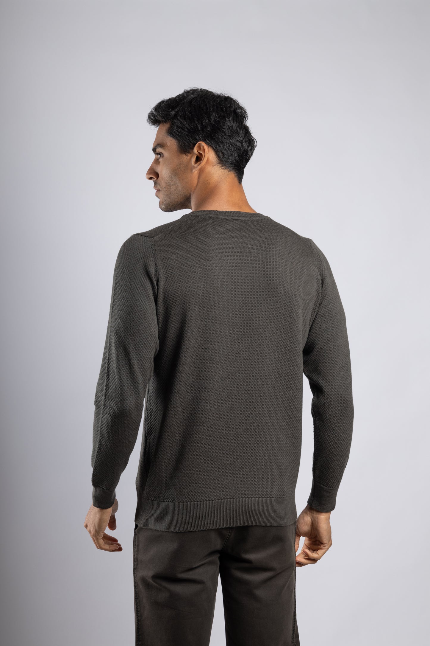 Olive Jacquard Crew Neck Cotton Pullover