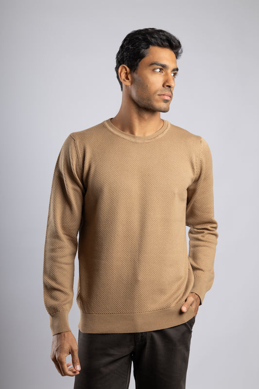 Dark Beige Jacquard Crew Neck Cotton Pullover