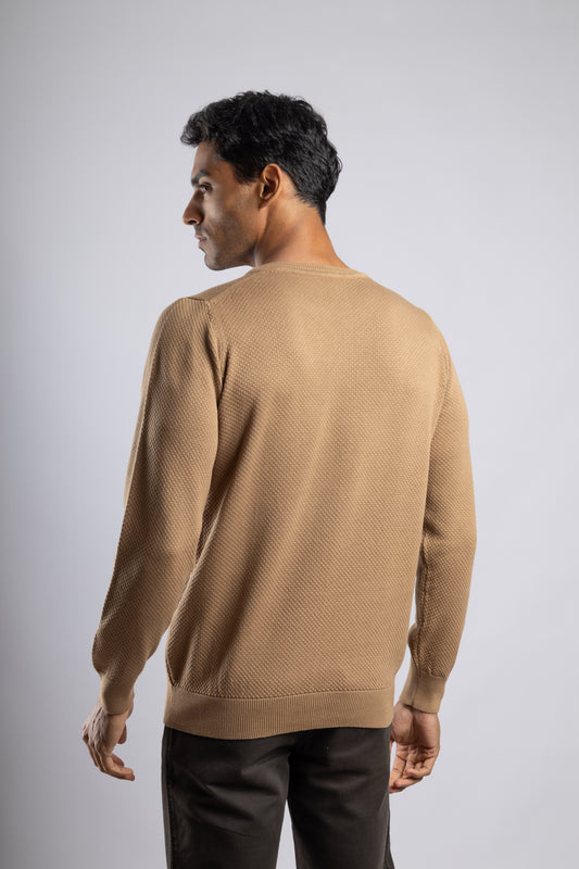 Dark Beige Jacquard Crew Neck Cotton Pullover