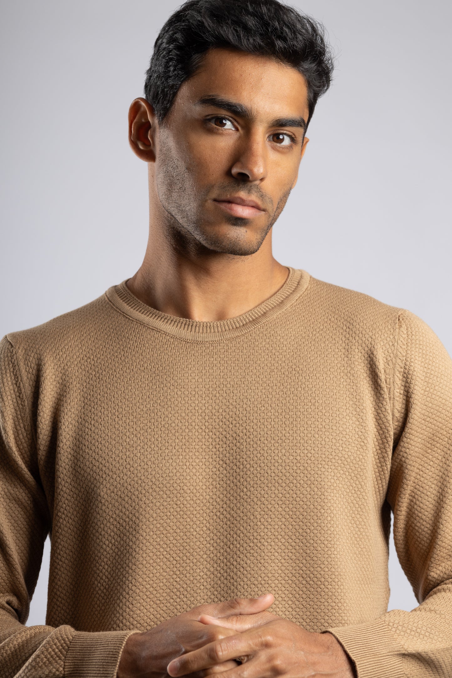 Dark Beige Jacquard Crew Neck Cotton Pullover