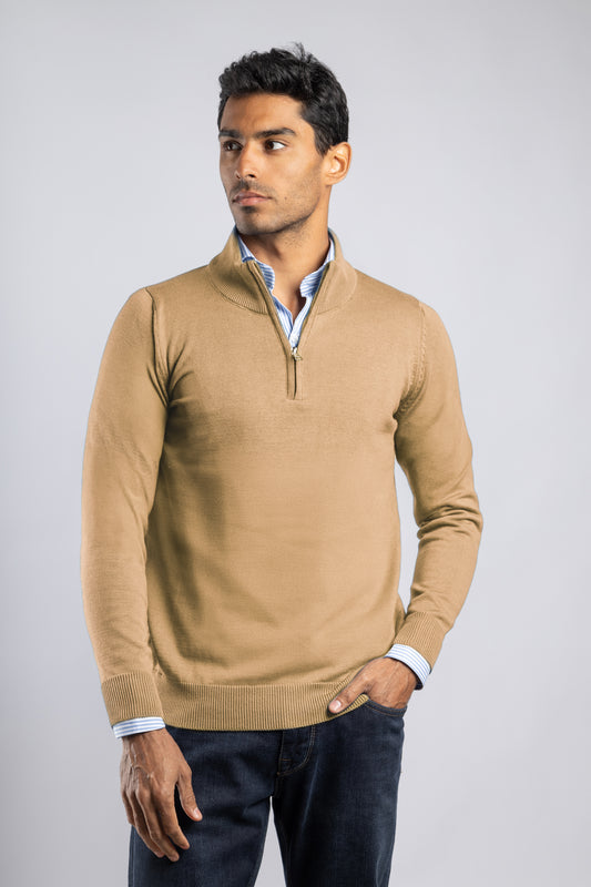 Beige Plain Half Zipper Pullover