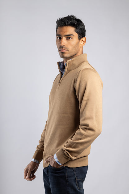 Beige Plain Half Zipper Pullover