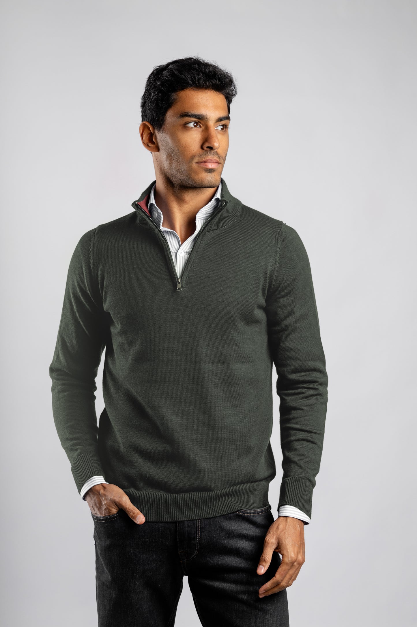 Olive Plain Half Zipper Pullover