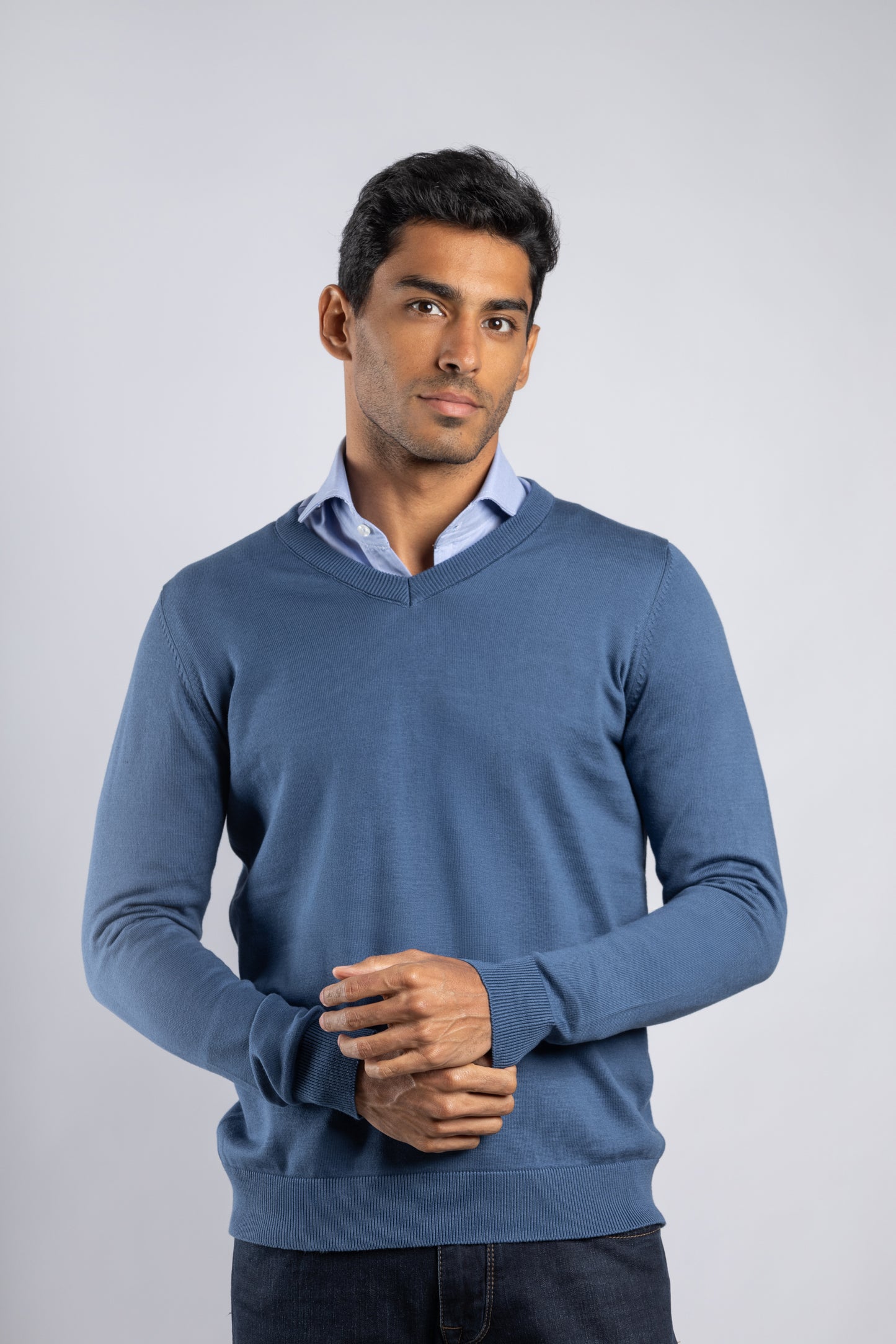 Royal Blue Plain V-Neck Cotton Pullover