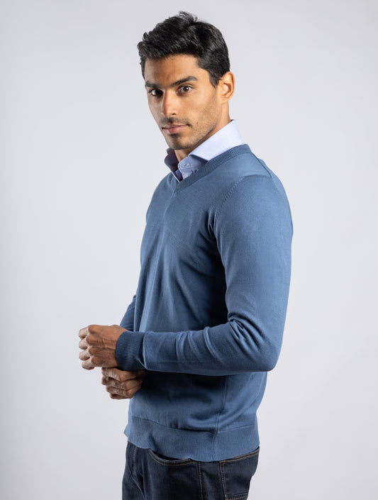 Royal Blue Plain V-Neck Cotton Pullover