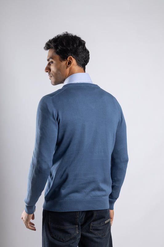 Royal Blue Plain V-Neck Cotton Pullover