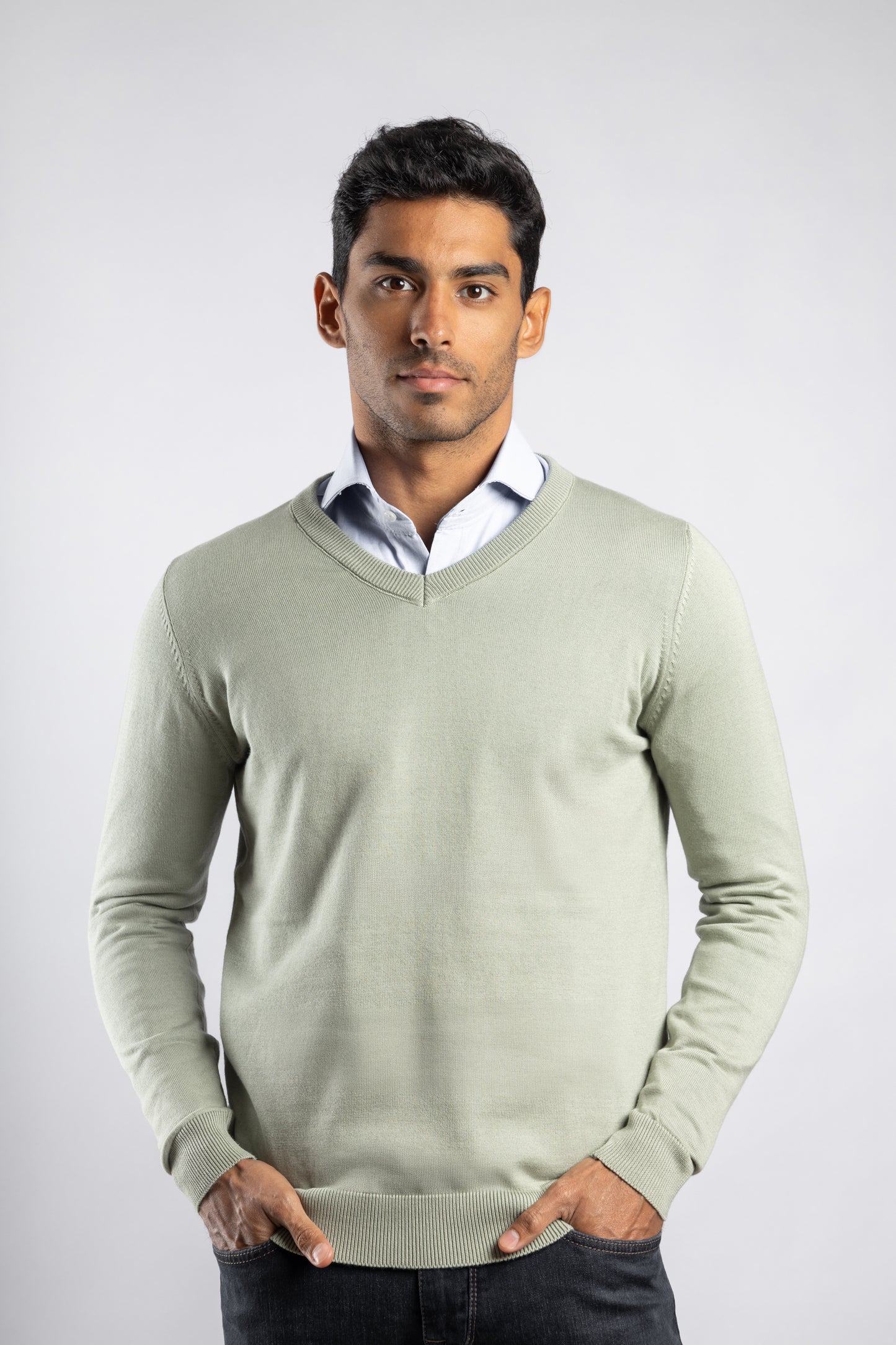 Mint Green Plain V-Neck Cotton Pullover