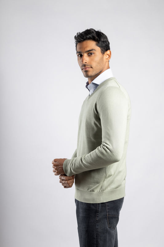 Mint Green Plain V-Neck Cotton Pullover