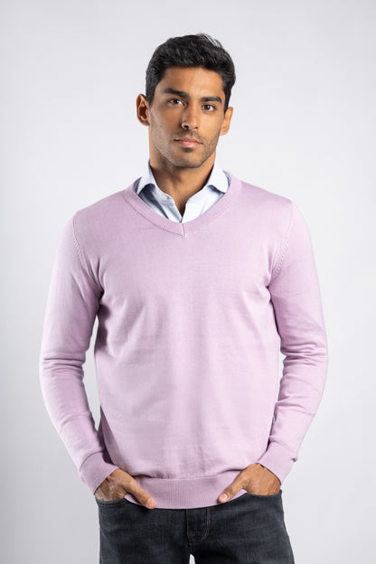 Purple Plain V-Neck Cotton Pullover