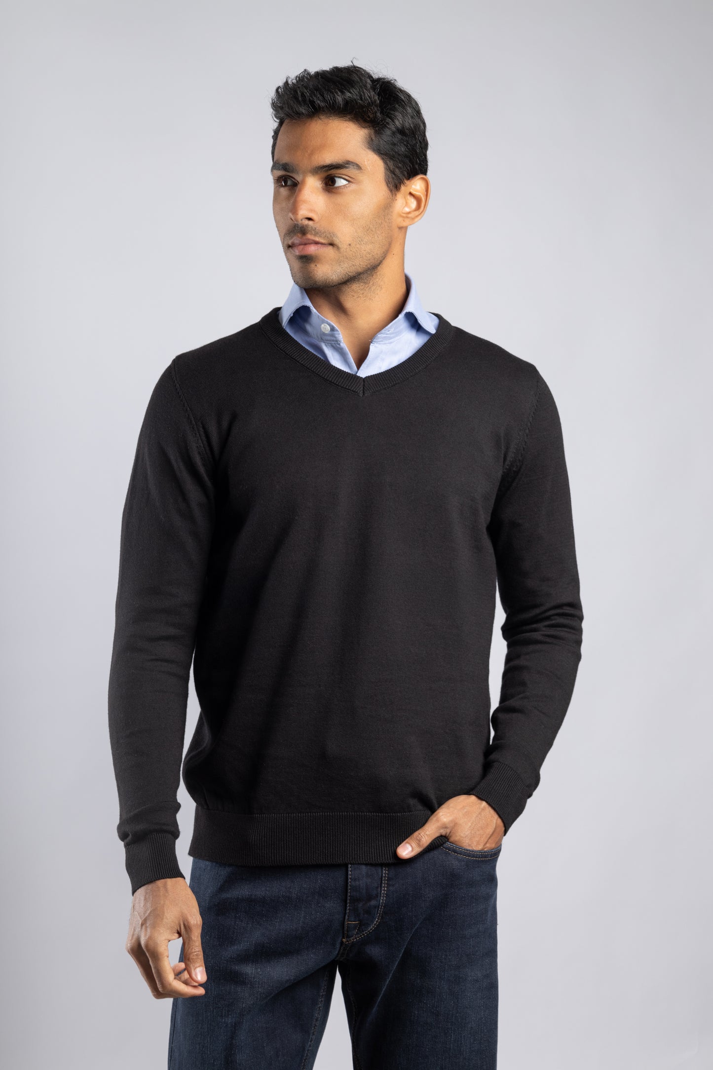 Black Plain V-Neck Cotton Pullover