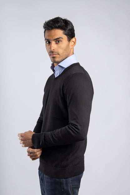 Black Plain V-Neck Cotton Pullover