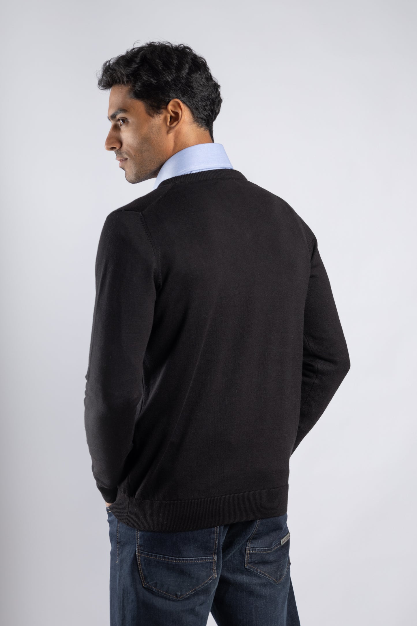 Black Plain V-Neck Cotton Pullover