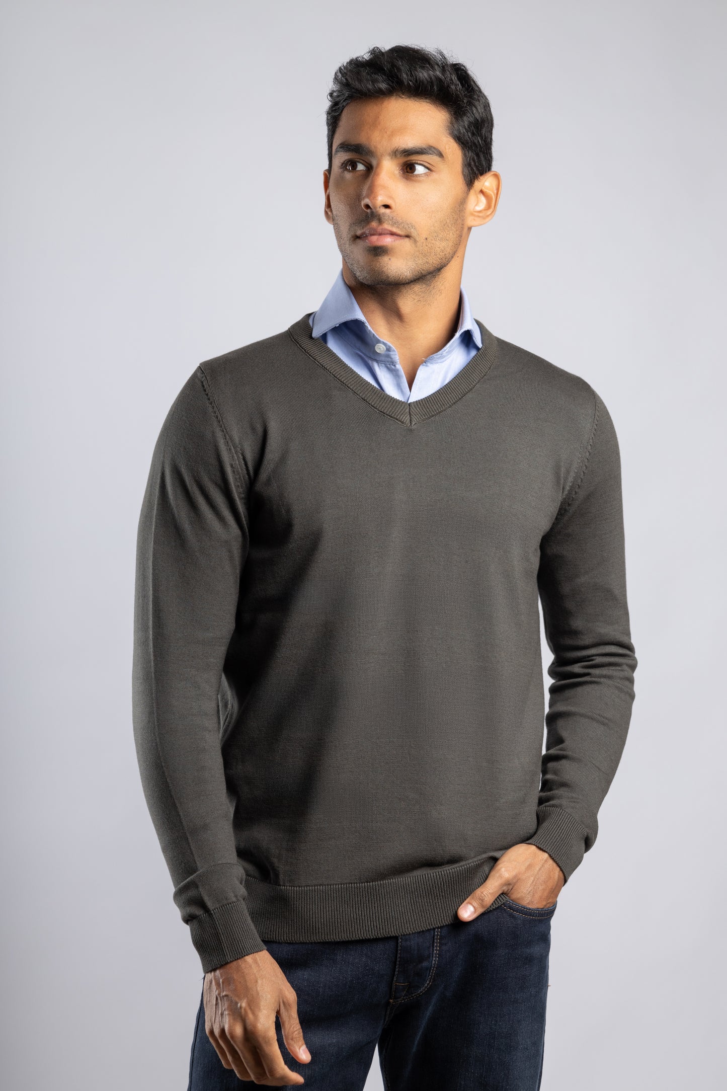 Olive Green Plain V-Neck Cotton Pullover