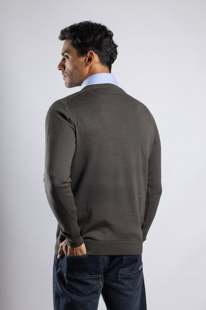 Olive Green Plain V-Neck Cotton Pullover