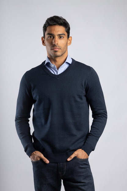 Navy Plain V-Neck Cotton Pullover