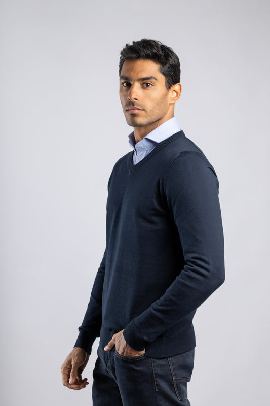 Navy Plain V-Neck Cotton Pullover