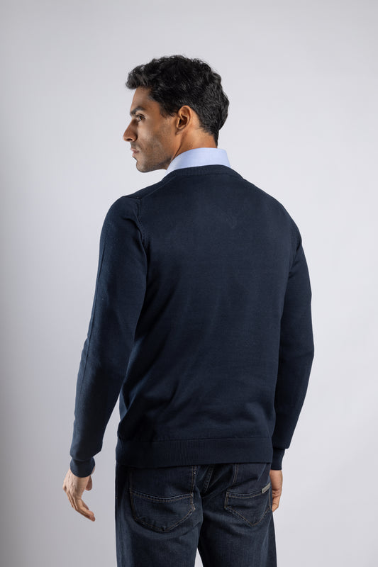 Navy Plain V-Neck Cotton Pullover