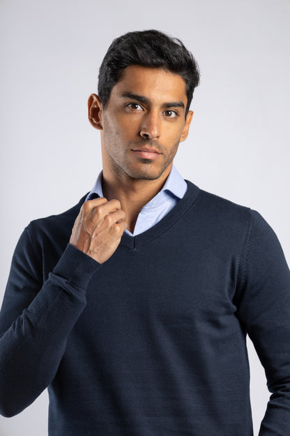 Navy Plain V-Neck Cotton Pullover