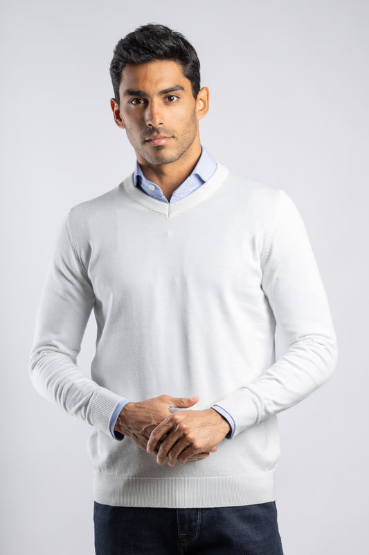 White Plain V-Neck Cotton Pullover