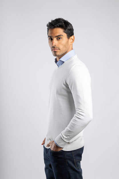 White Plain V-Neck Cotton Pullover