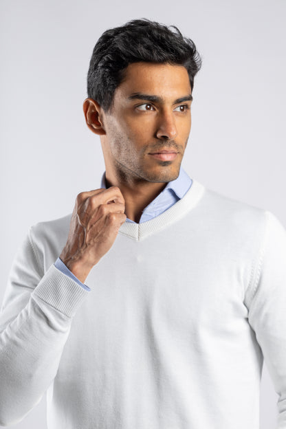 White Plain V-Neck Cotton Pullover