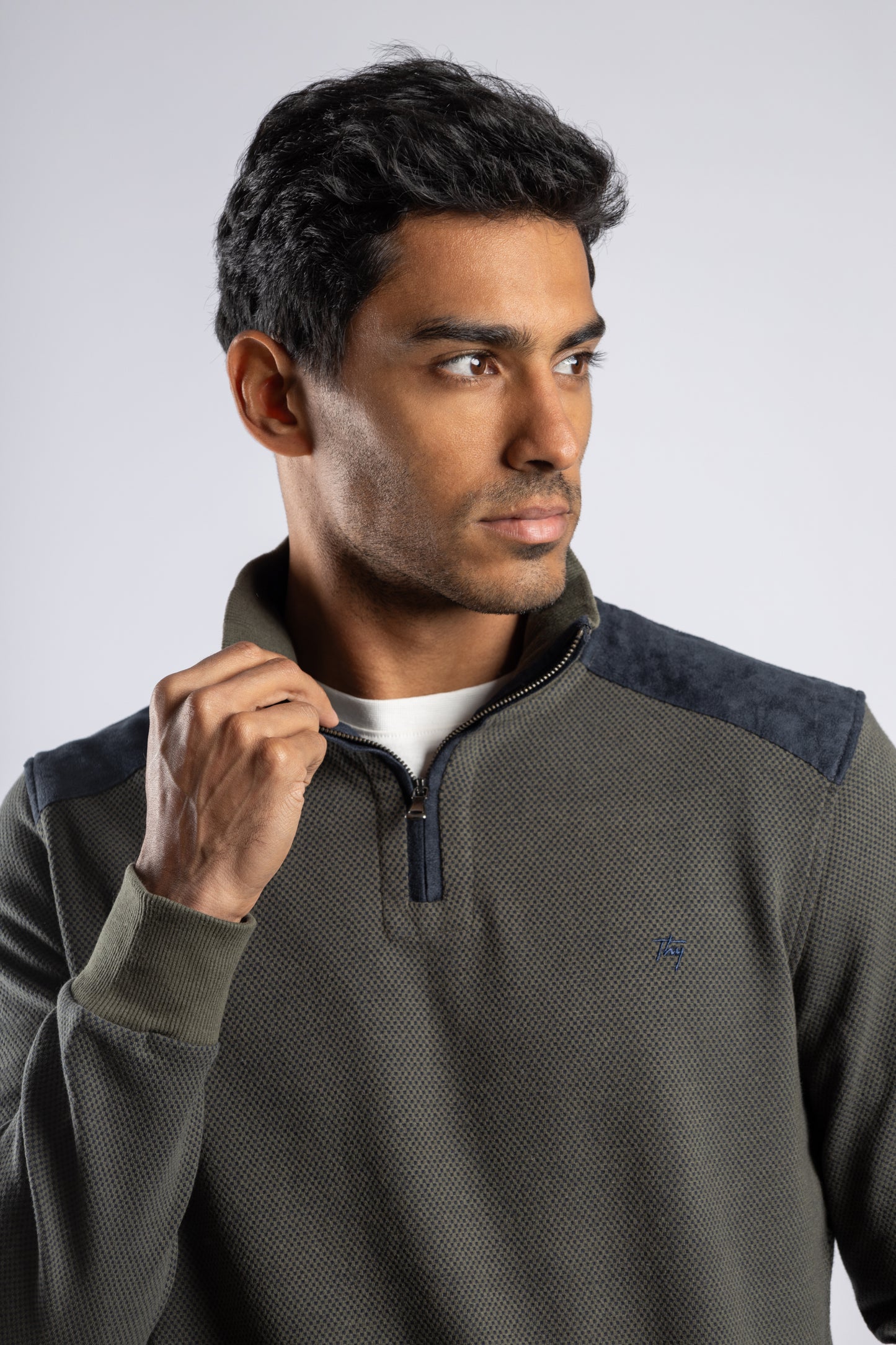 Olive Jacquard Half Zipper Pullover