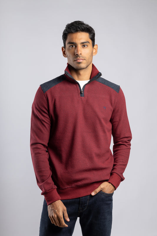 Burgundy Jacquard Half Zipper Pullover