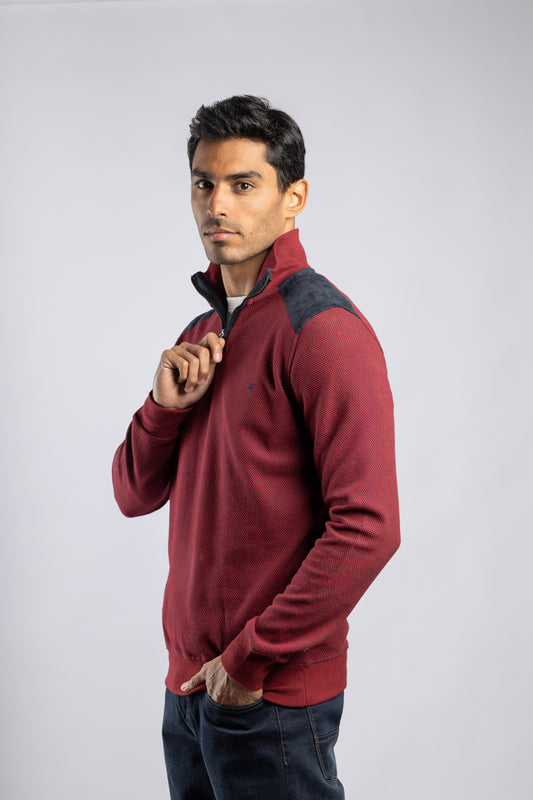 Burgundy Jacquard Half Zipper Pullover