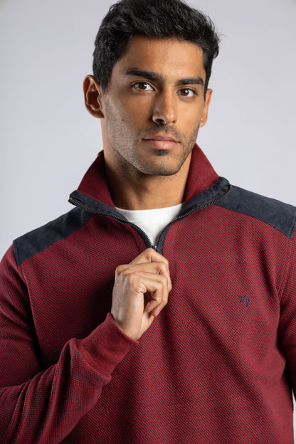 Burgundy Jacquard Half Zipper Pullover