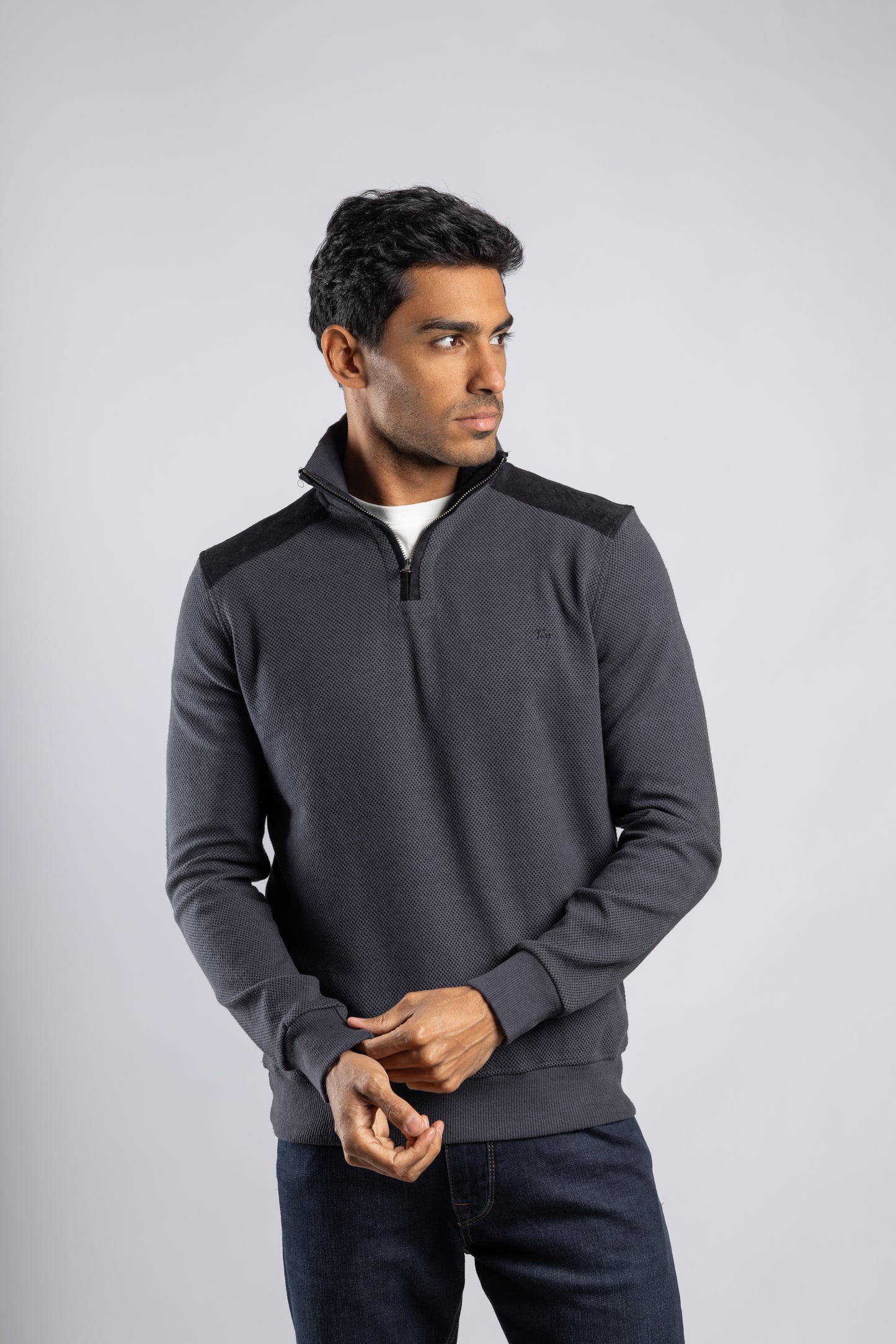 Dark Blue Jacquard Half Zipper Pullover