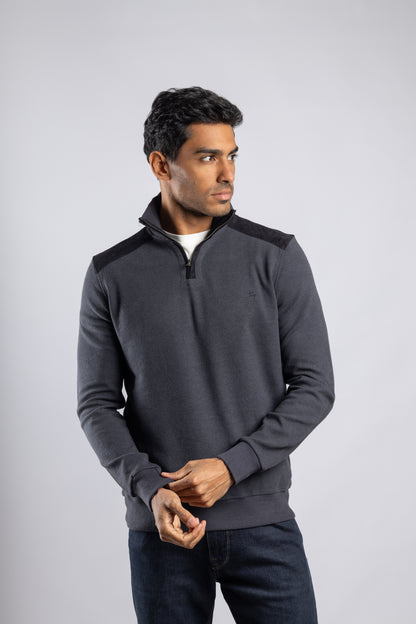 Dark Blue Jacquard Half Zipper Pullover