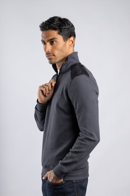 Dark Blue Jacquard Half Zipper Pullover