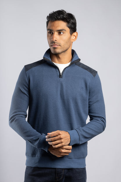 Royal Blue Jacquard Half Zipper Pullover