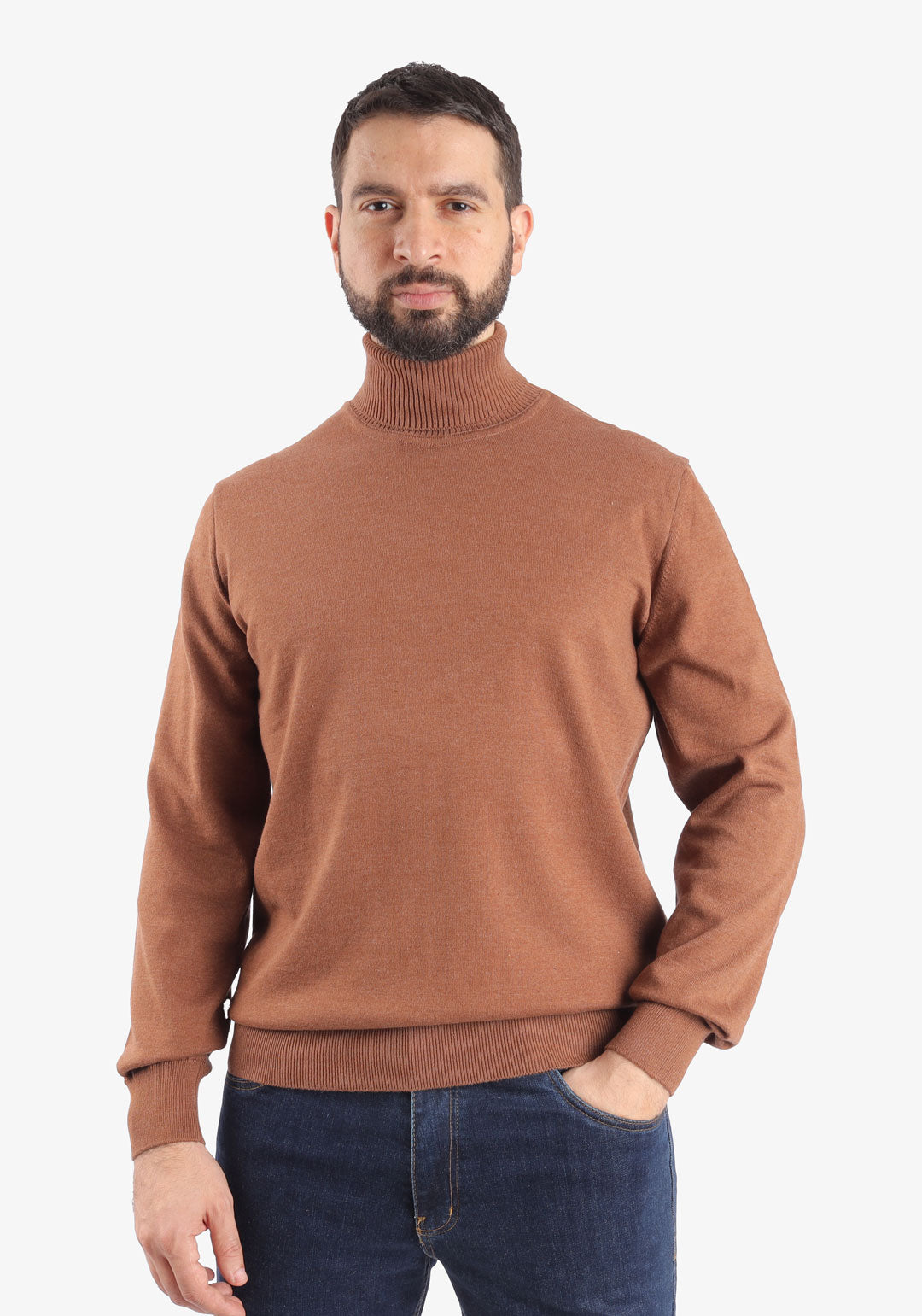 Brown High Collar Cotton Basic Plain Pullover