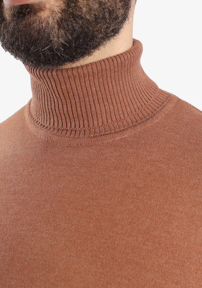 Brown High Collar Cotton Basic Plain Pullover